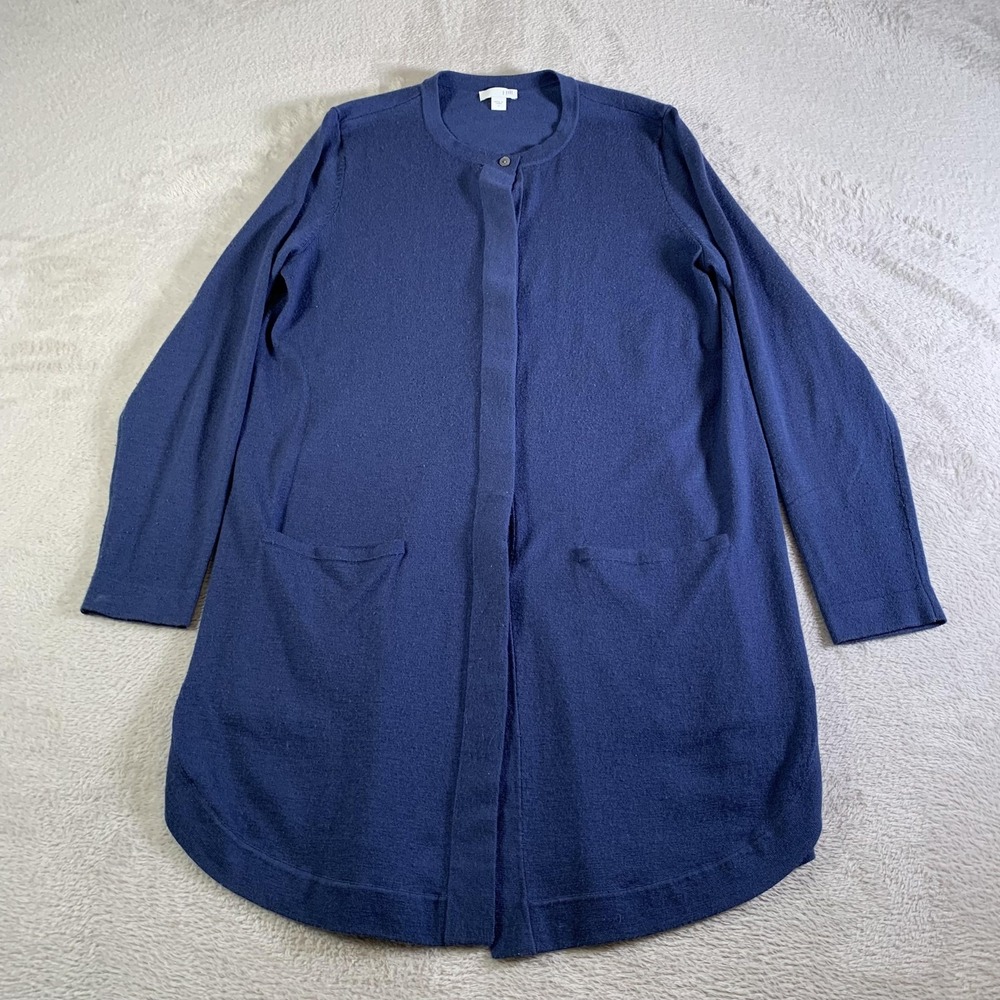 J Jill Cardigan Sweater Womens Small Blue‎ Long Buttons Hidden Pockets Crew Neck
